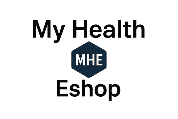 Logo with My Health on top line, hexagonal MHE logo and Eshop on second line
